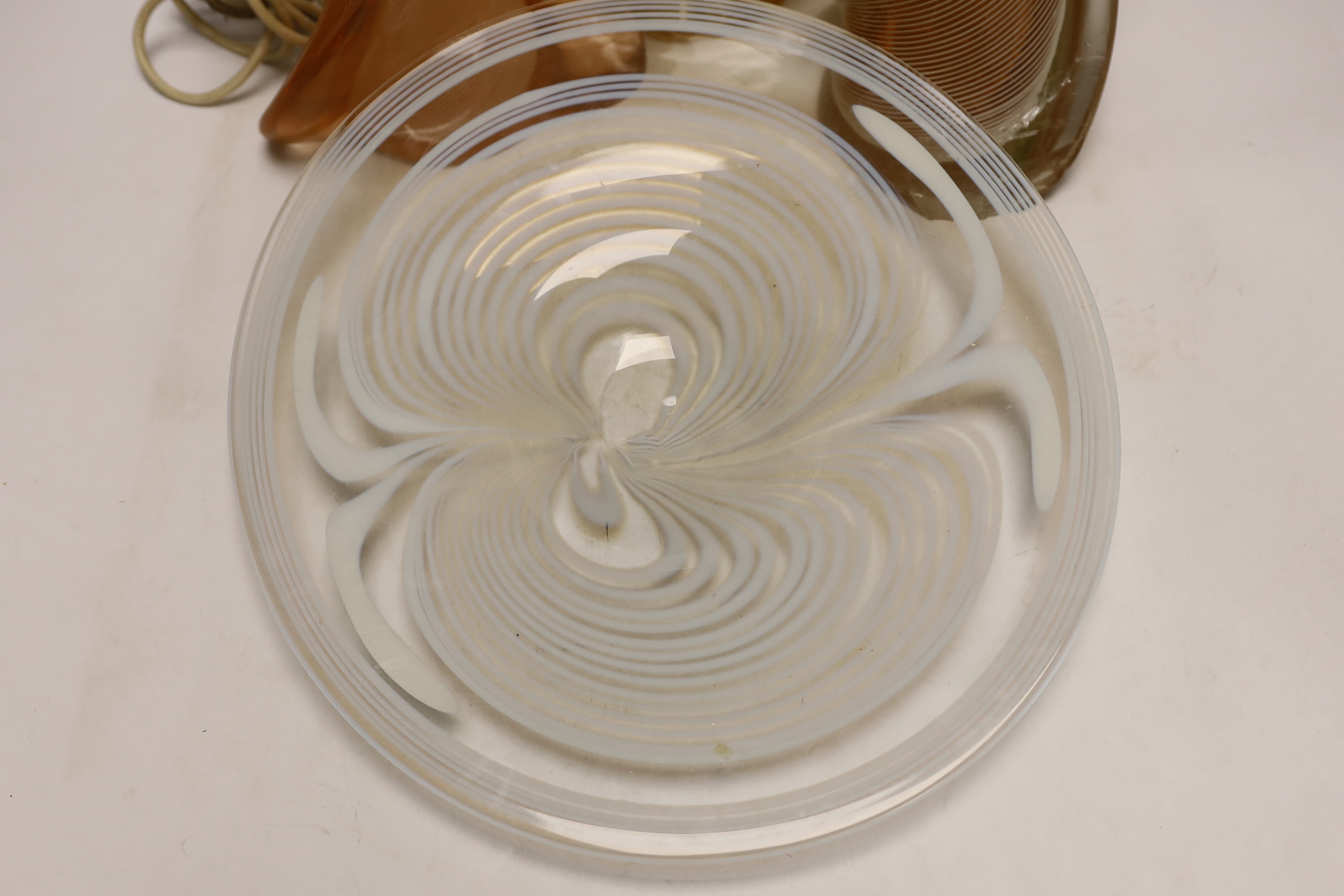 A glass gold flecked vase, a dish and a pair of lamps, largest 40cm
